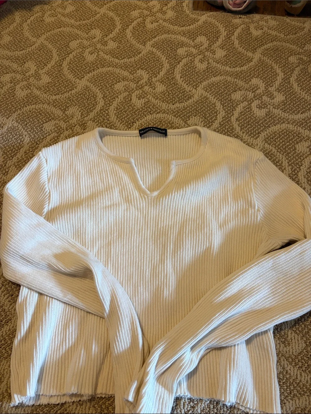 Brandy Melville Cream Ribbed V‑Notch Sweater